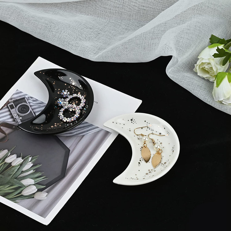 Small Moon Jewelry Dish Tray, Decorative Ceramic Trinket Dish, Modern Accent Tray For Vanity 2Pcs(White And Black )