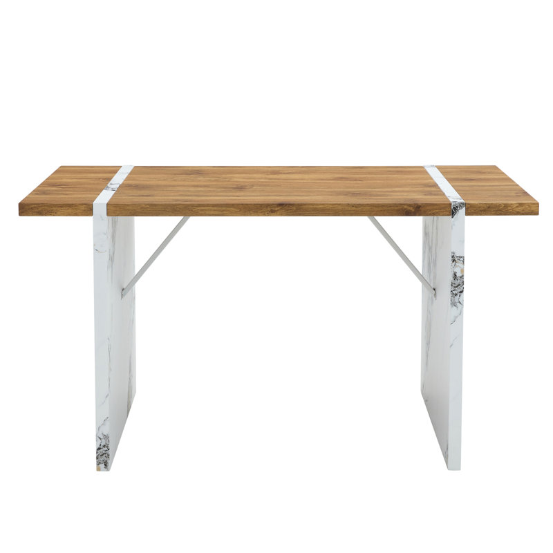 Natural Wood Grain MDF Dining Table - 55"X31.5" Stable Design.Suitable For Various Modern  Styles.Splicing Structure Design,Wood Textured Desktop,White Marble Patterned Table Legs.