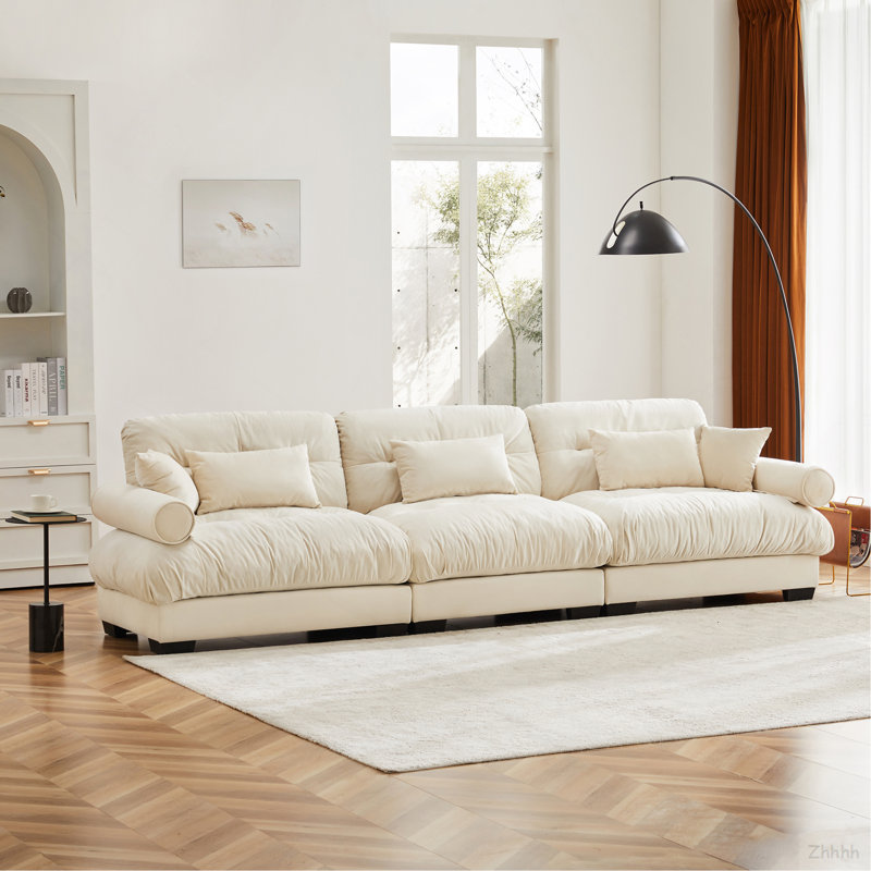 Très grand canapé en velours moderne à 3 places, canapé surdimensionné, siège confortable et dossier confortable, avec coussins de taille et coussins décoratifs, crème