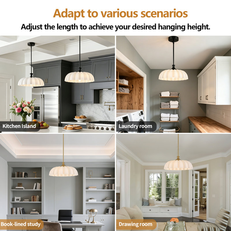 Milk Glass Flower Pendant Light Adjustable Hanging lamp, Matte Black