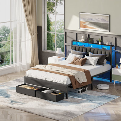 Upholstered Bed Frame with 2 Storage Drawers, Modern Full Platform Bed with Charging Station & LED Light, No Spring Box Needed