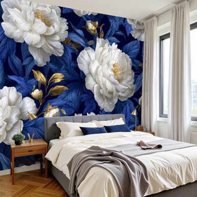 Papier peint adhésif floral avec pivoines blanches opulentes et feuilles bleues foncées, art mural, H 100 po x l 144 po, papier peint amovible en PVC, peintures murales auto-adhésives, décoration pour chambre de garçon, salle de jeux pour hommes, salon de beauté