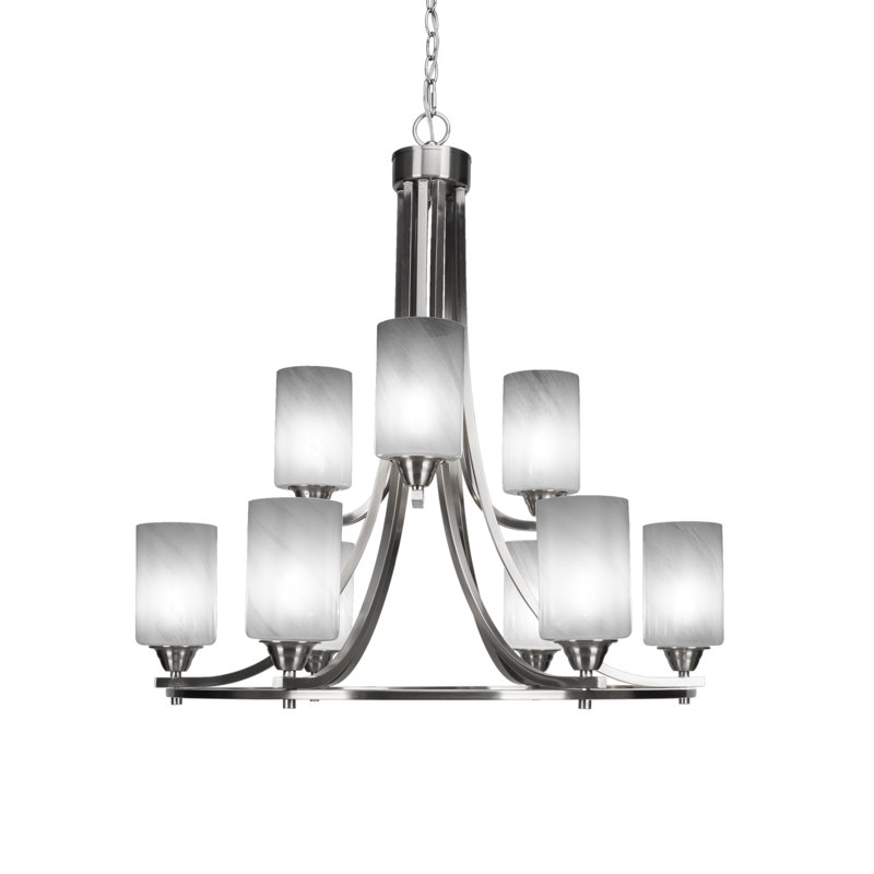 9-Light Chandelier, Brushed Nickel, White