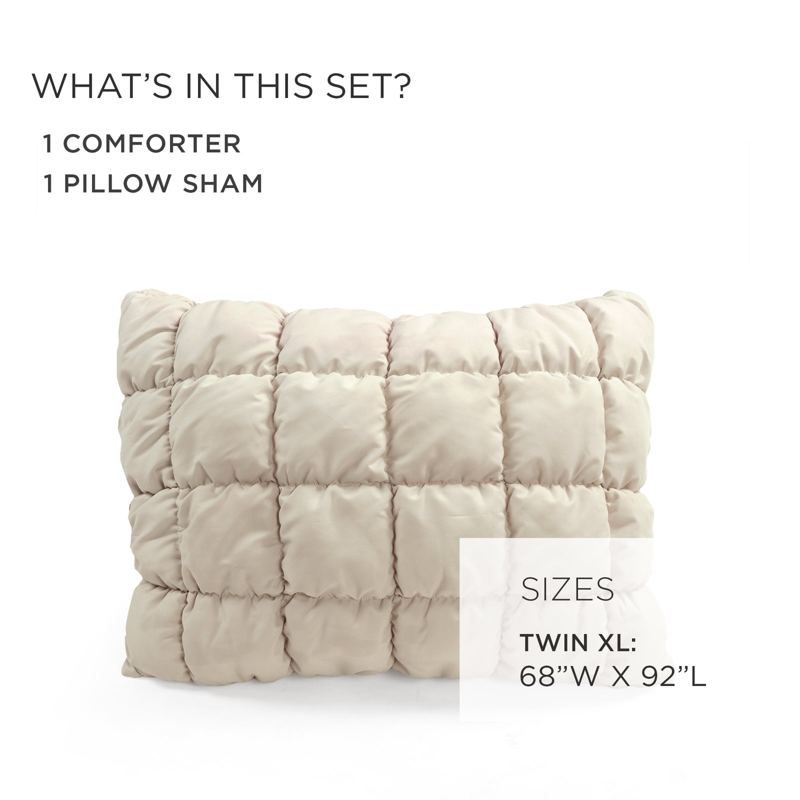 Puff Comforter Set, Twin XL Comforter + 1 Standard Sham, Beige