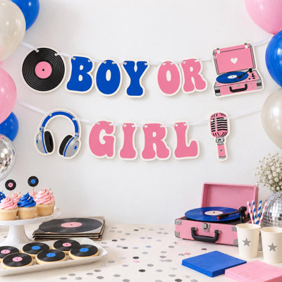 Un nouveau petit disque genre révèle une bannière, un garçon ou une fille, une guirlande de lettres en vinyle, une fête rétro pour bébé rose cobalt