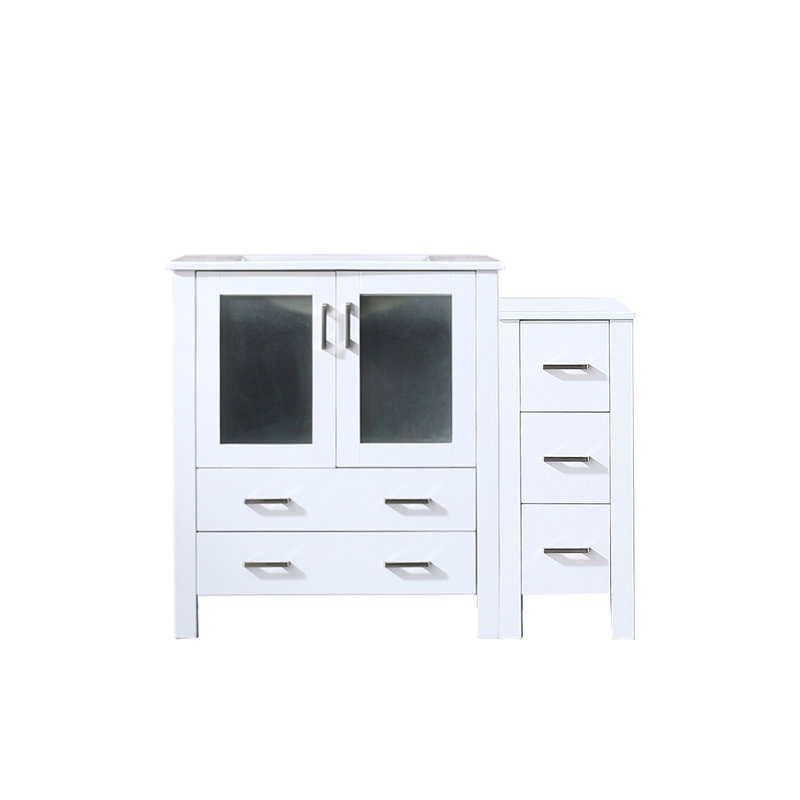 Meuble-lavabo blanc simple de 107 cm (42 po) - Bois massif, comptoir et armoire latérale en céramique, tiroirs à fermeture amortie, structure robuste et fonctionnelle, système de rangement généreux.