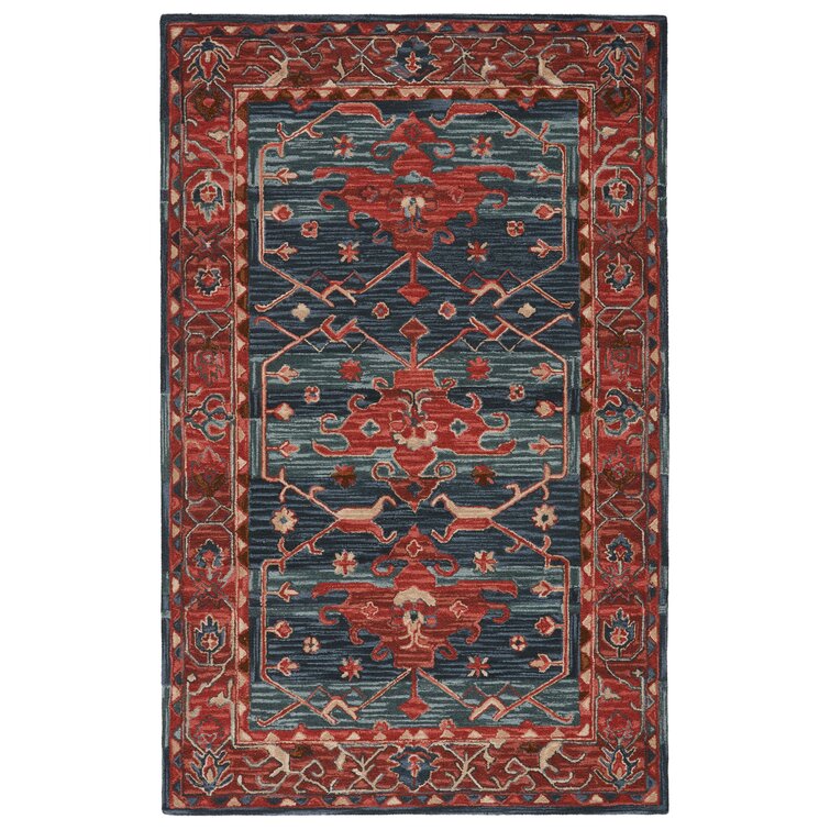 vintage fringed wool area rug, small oriental carpet woven red & white on  navy blu