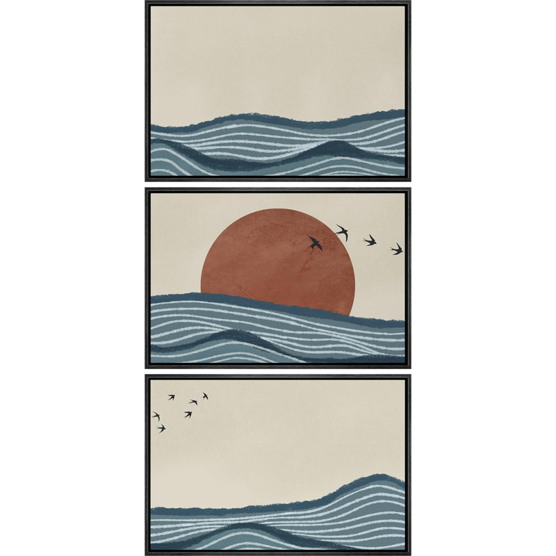 "Nautical Twilight Nautical Sea And Sun", 3 pièces, Cadre noir, H 24 po x l 36 po