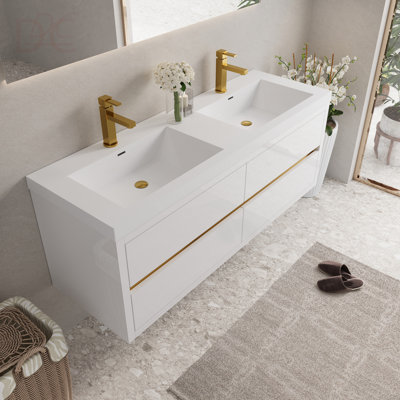 Meuble-lavabo mural 60 po avec lavabo, armoire de rangement flottante avec comptoir en résine de pierre et tiroirs à fermeture en douceur, entièrement assemblé