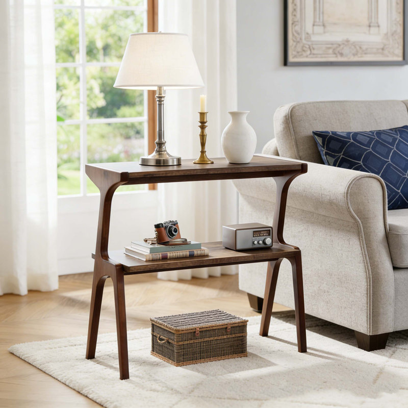 Solid Wood 2-Tier Sofa Side Table with Storage Shelf, Rustic Brown