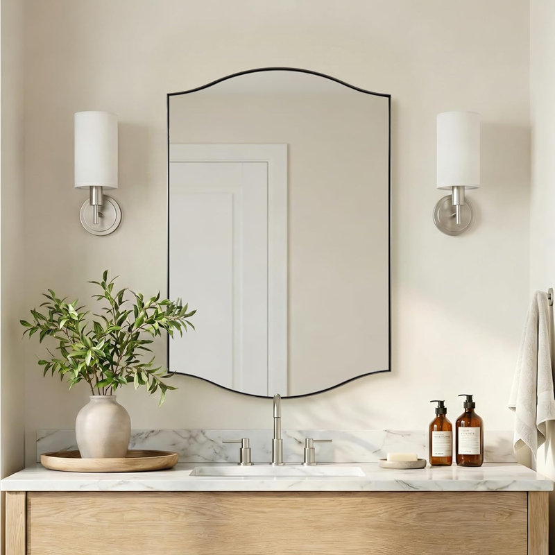 Dual Arch Scalloped Rectangular Bathroom Wall Mirror | Stainless Steel Frame, Brushed Nickel, 38" x 26"