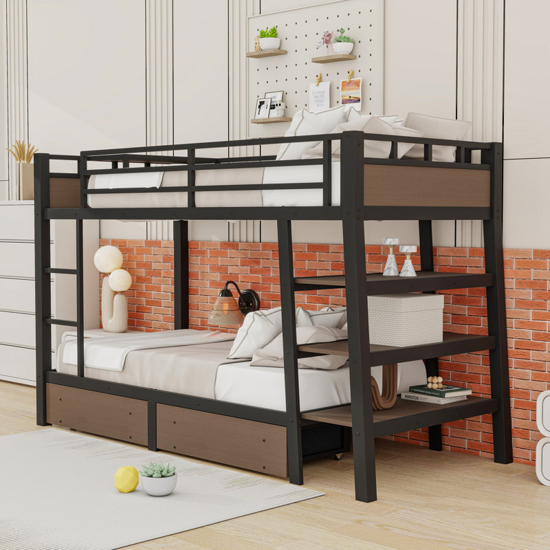 Lit superposé en métal avec prise intégrée et rangement extensible, Simple sur simple