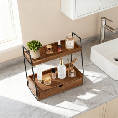 Organisateur de comptoir de salle de bain à 2 niveaux avec tiroir, étagère de meuble-lavabo en bois pour le maquillage, les parfums, les soins de la peau et les articles de toilette, décor peu encombrant pour la salle de bain, la chambre à coucher et la cuisine