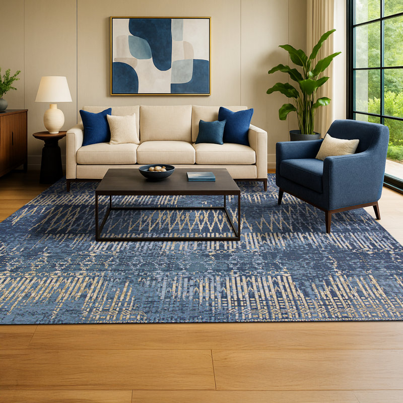 Hause Abstract Indigo Blue Indoor Outdoor Area Rug, Rectangle 5'3" x 7'6"
