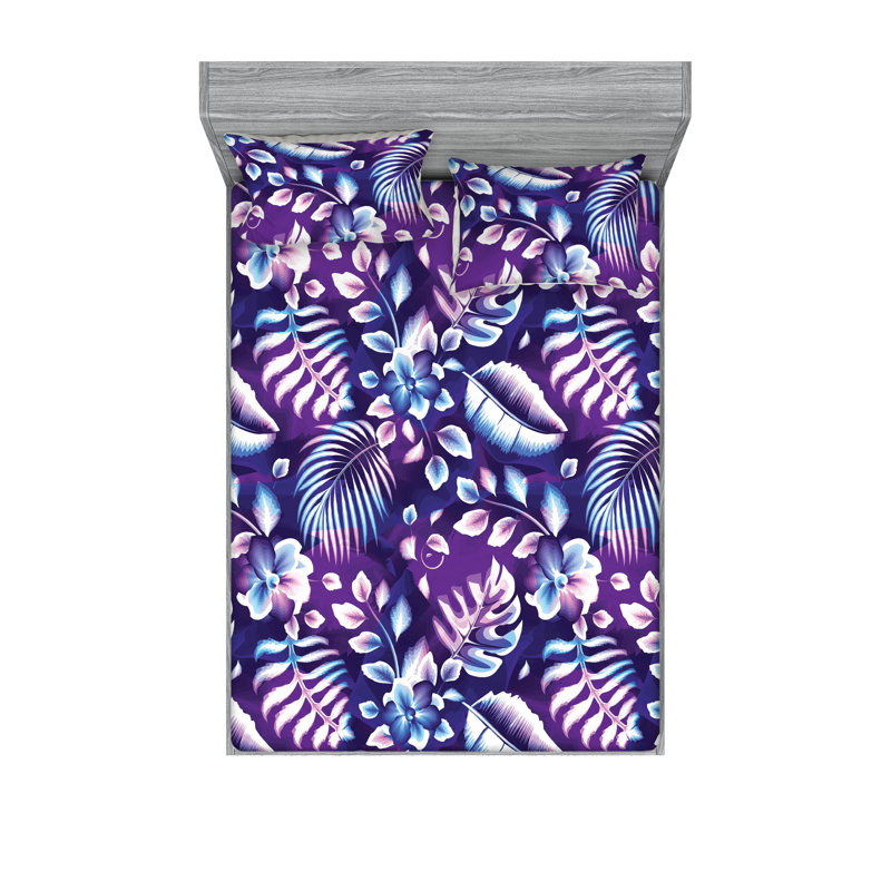 Drap-housse et taies décoratives 3 pièces Ambesonne, Quartz, indigo, bleu doux / floral