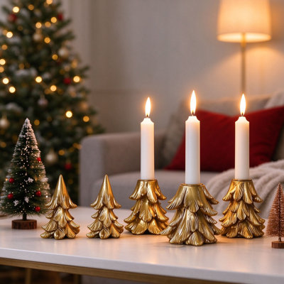 Vintage Golden Resin Tree Candle Holders Set, Christmas Table Decor, Combined Tabletop Pine Tree for Mantel Dining Wedding Centerpieces