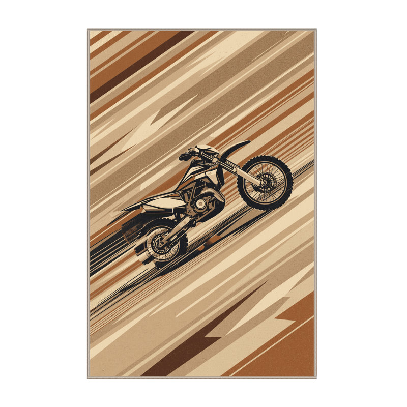 Machine Washable Vehicles And Transportation Offroad Dirt Bike Modern Rustic Striped Rug in Brown – Beige Binding, 5x7