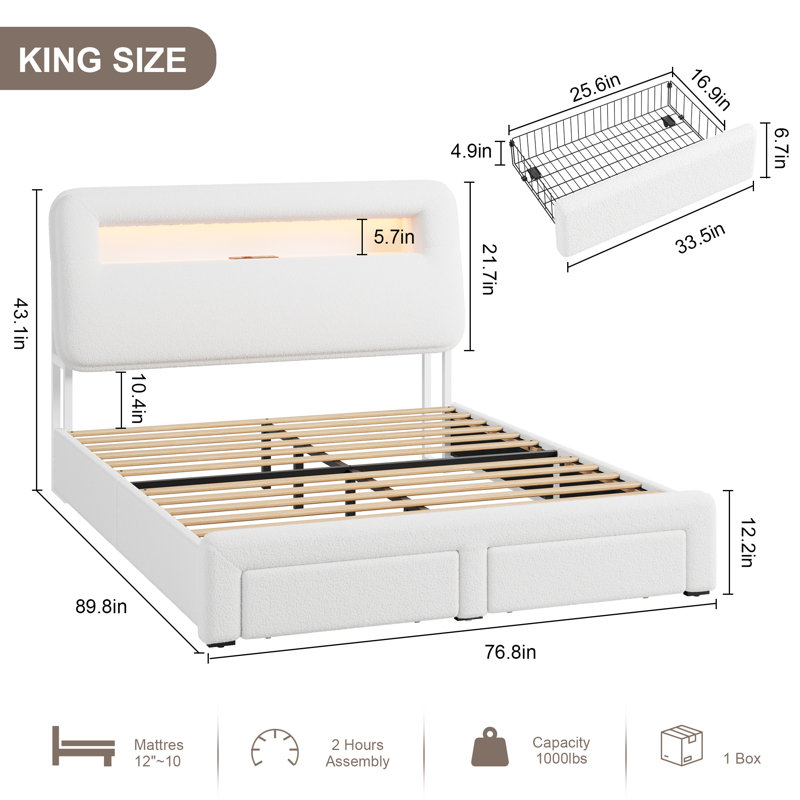 Upholstered Bed Frame, Storage Bed With Led And Charging Station, King