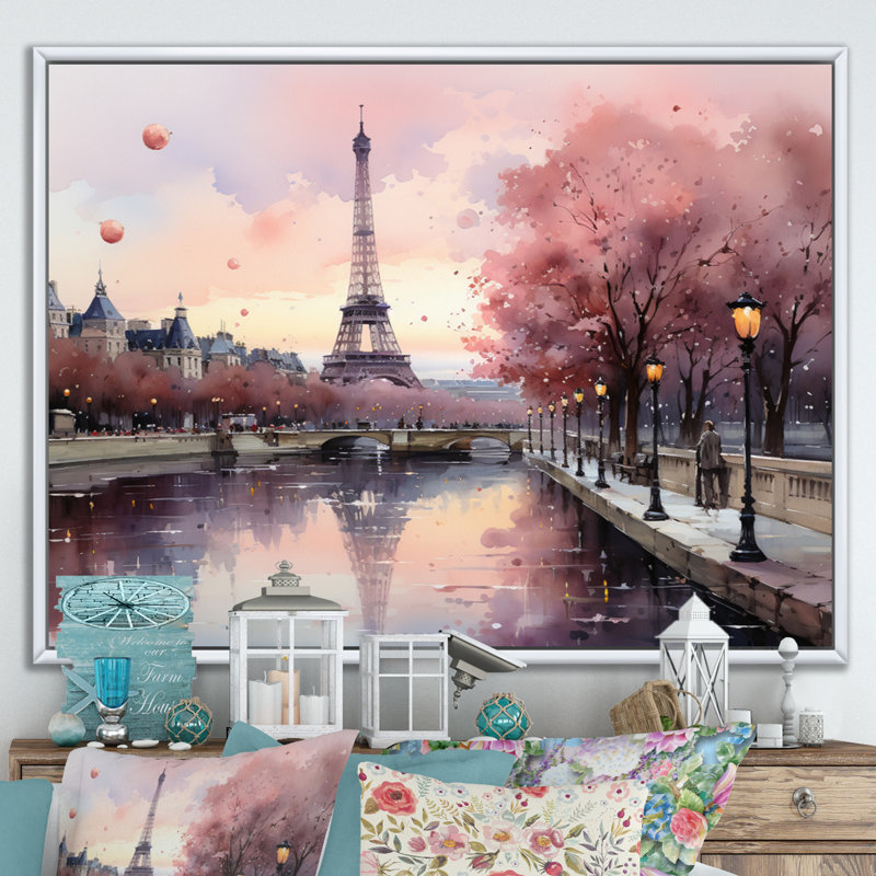 «Pink Twilight Rendezvous In Paris II», impressions sur toile de parcs d'attractions, Blanc, H 16 po x l 32 po