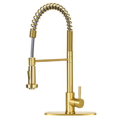 Robinet de cuisine à pré-rinçage à ressort avec pulvérisateur, robinets d'évier de cuisine à double jet de mode commercial, acier inoxydable 304 à poignée simple, plaque de pont incluse, convient aux éviers à 1 ou 3 trous, or brossé