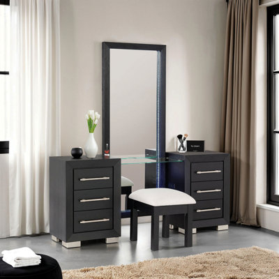 Contemporary Style 1pc Vanity W/ Stool Metal Legs Usb Port Ball Bearing Glides Glass Top Full Length Mirror Black Finish Bedroom Furniture