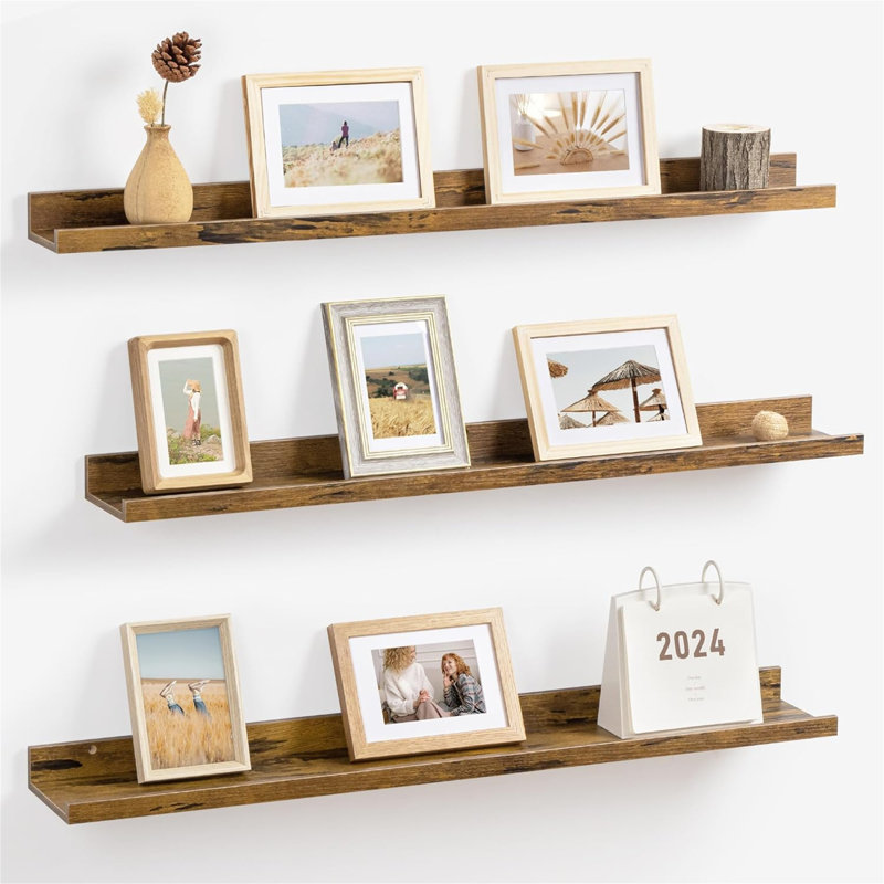 Rustic Floating Shelves Set of 3 with Lip, Picture Ledge Shelf for Nursery, Living Room – Multipurpose Storage Organizer, Bookshelf, & Photo Display Rack Rustic Brown