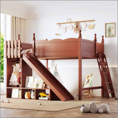 Lit mezzanine double avec tablettes de rangement et garde-robe, conception en bois massif avec glissière amovible et échelles, aucun sommier nécessaire
