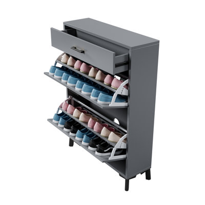 Armoire de rangement de chaussures grise pour le vestibule, organisateur de chaussures autoportant avec 2 tiroirs rabattables, étagère à chaussures dissimulée pour placard de porte d'entrée