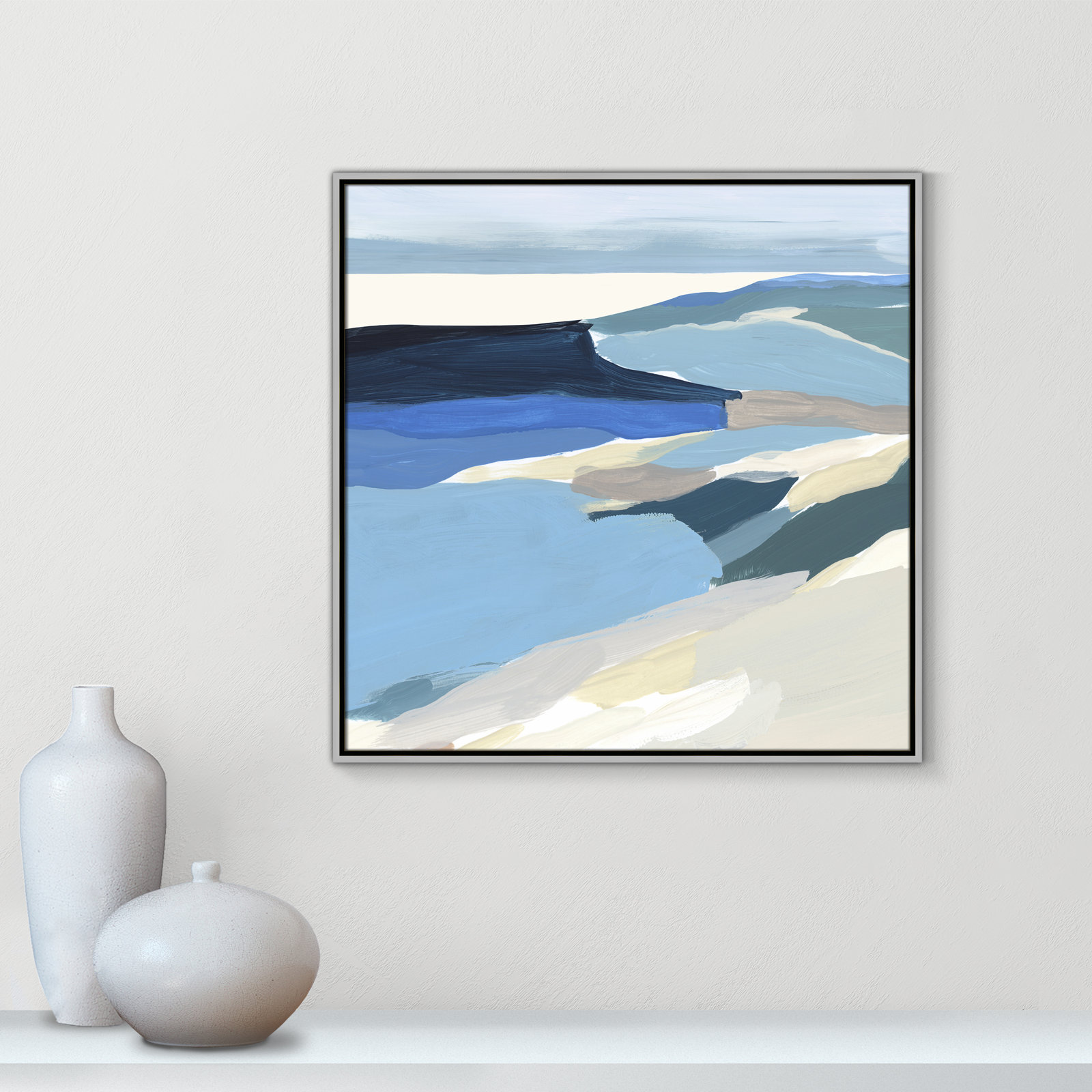 Decker "Graham Lake II" Painting, 31.5" H x 31.5" W x 2" D, Silver Framed Canvas