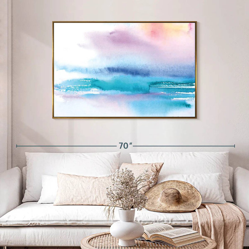 Coucher de soleil délavé, 46 po x 31 po, Cadre flottant doré