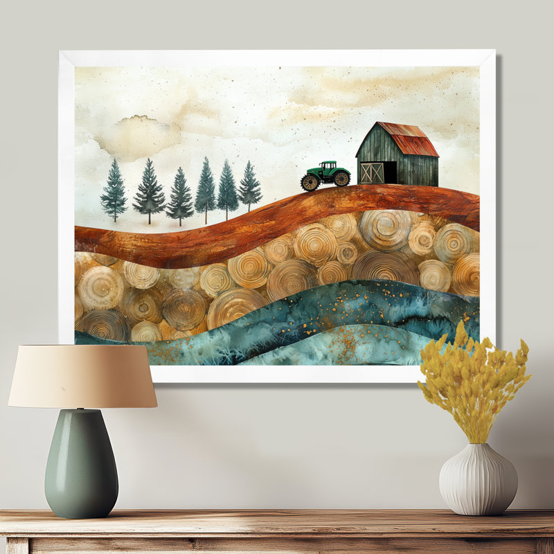 Winter Barn with Tractor Landscape On The Of The V - ferme, art mural, H 24 po x l 32 po, Picture Framed, Blanc