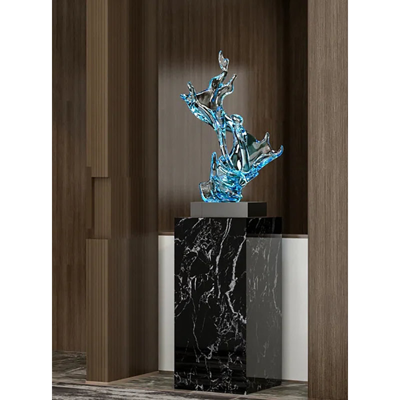 Sculpture de table abstraite en fibre de verre en forme de vague avec base solide, Bleu ciel