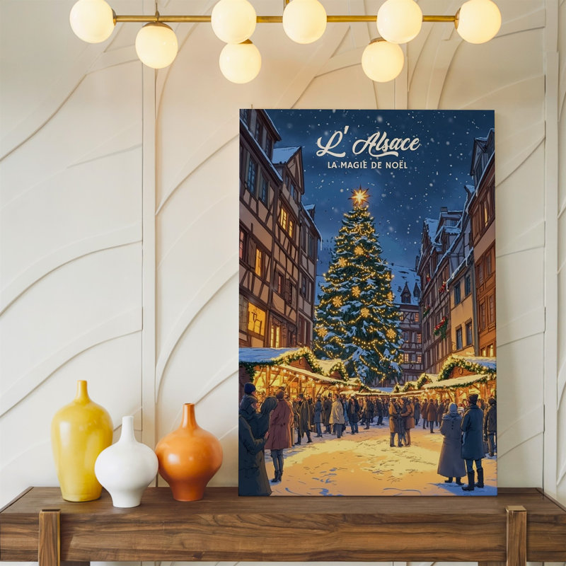 Toile, une charmante scène d'hiver représentant un marché de Noël animé dans un art mural, H 11 po x l 14 po