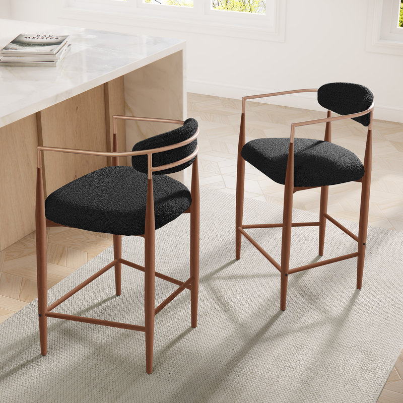 Ackley 2 Pieces Modern Bar Stool, Upholstered Bar Chair With Wood Grain Metal Legs, Black