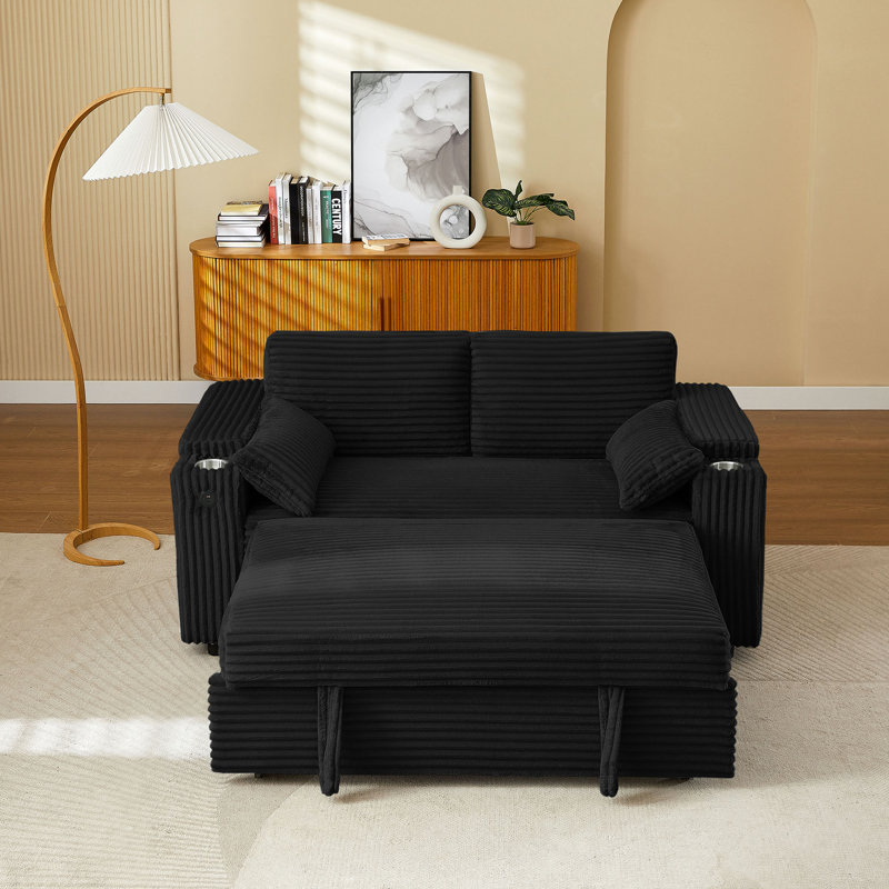 Loveseat Sleeper Sofa With Storage Armrest ,USB Port, Black