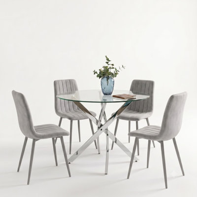 Modern Round Glass Dining Table Set with 4 Velvet Dining Chairs 4 Seater Set