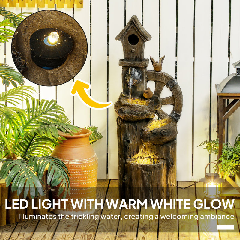 2-in-1 Outdoor Water Fountain with Birdhouse, Outdoor Waterfall Fountain with LED Lights Pump, Tree Trunk Outdoor Water Feature, Resin Garden Fountain, Mixed Color