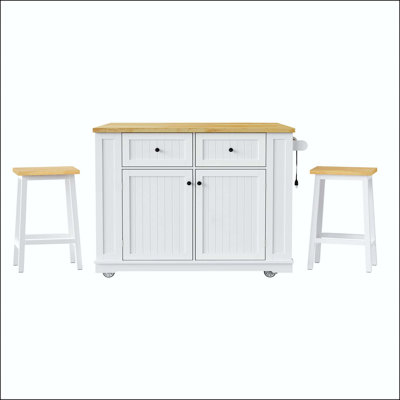 Îlot de cuisine 48 po avec 2 tabourets de bar, prise de courant, rangement et chariot roulant