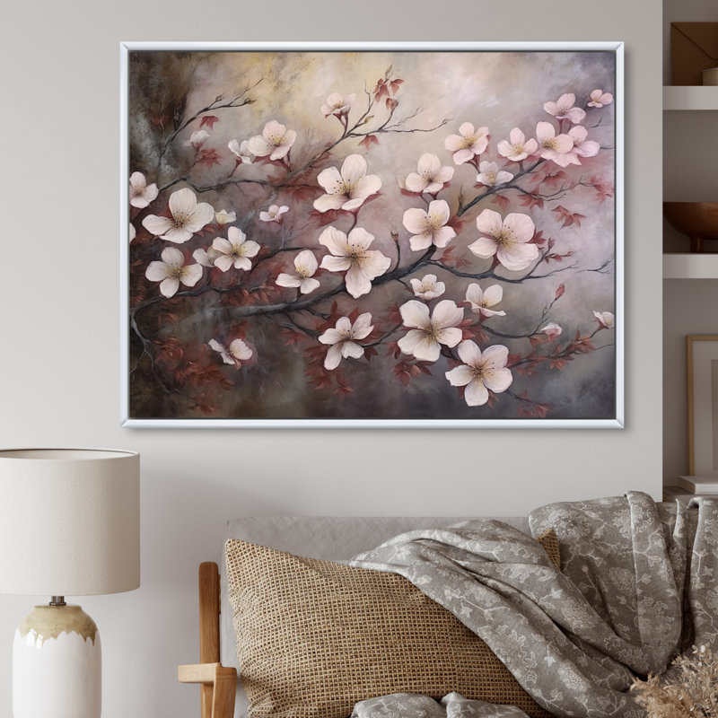 Rose et gris Dogwood Elegance I - reproduction sur toile, Cadre flottant blanc, H 24 po x l 32 po x P 1 po