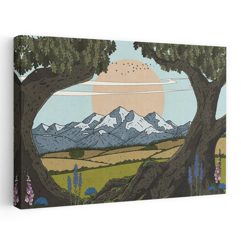 Reproduction d'art mural encadré montagne vallée coucher de soleil paisible et paisible oiseau serein paysage montagne