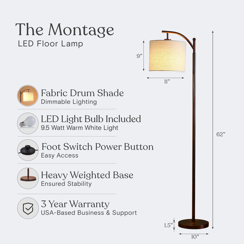 Montage 62" Traditional LED Arched Floor Lamp with Brown Finish and White Fabric Drum Shade, Bulb Included, Brown
