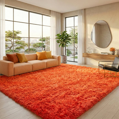Grand tapis à poils longs pour le salon, tapis moelleux doux de 10 x 14 pi pour la chambre à coucher, envers antidérapant de mise à niveau, tapis esthétique Spring Home Decor, idéal pour les endroits très passants à l'intérieur, orange