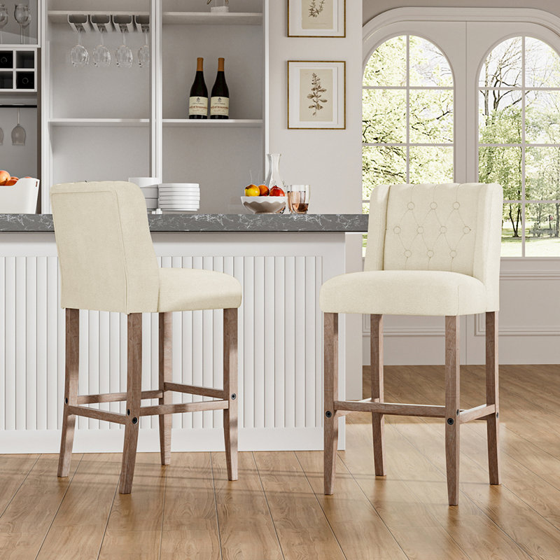 Upholstered Counter Stool with Solid Wood Frame, Beige
