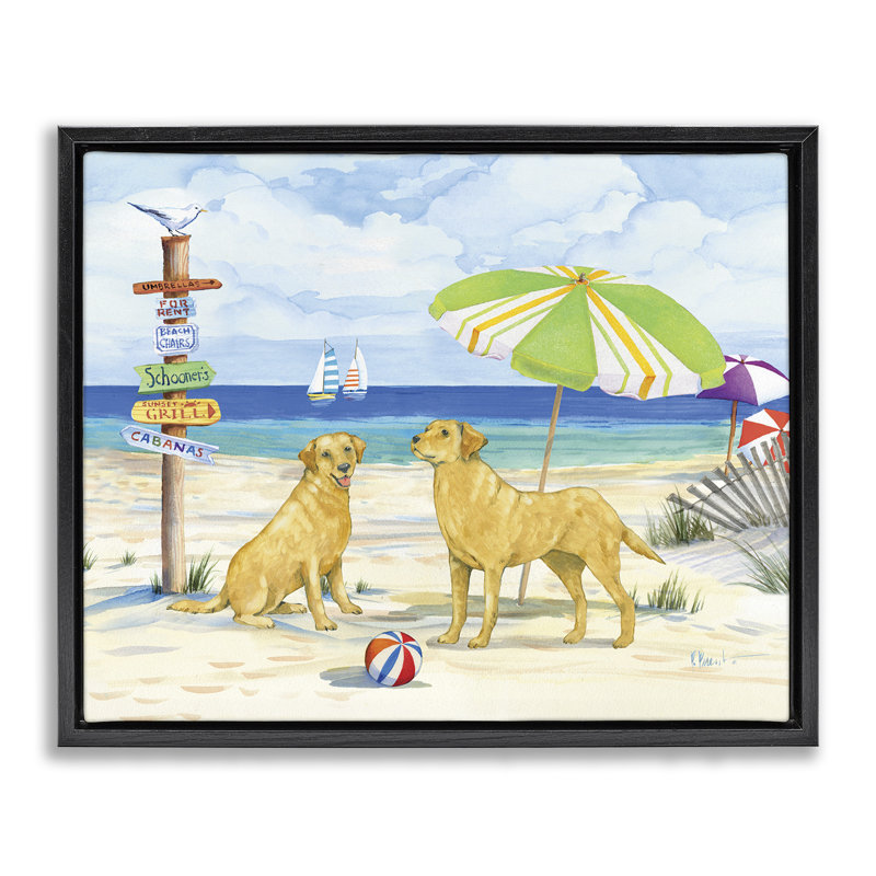 «Dog Beach Day», art mural encadré par Paul Brent, Cadre flottant noir de jais, H 17 po x l 21 po
