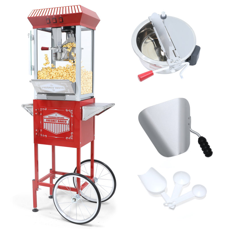 Chariot à maïs soufflé 12 onces avec roues, machine à maïs soufflé rétro avec bouilloire en acier inoxydable pour la fête