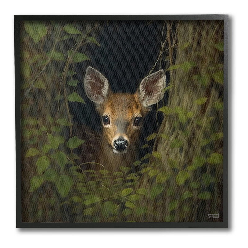 Fawn Peeking from Trees Framed Giclee Art by RB, Coastal White Framed Giclee, 12" H x 12" W