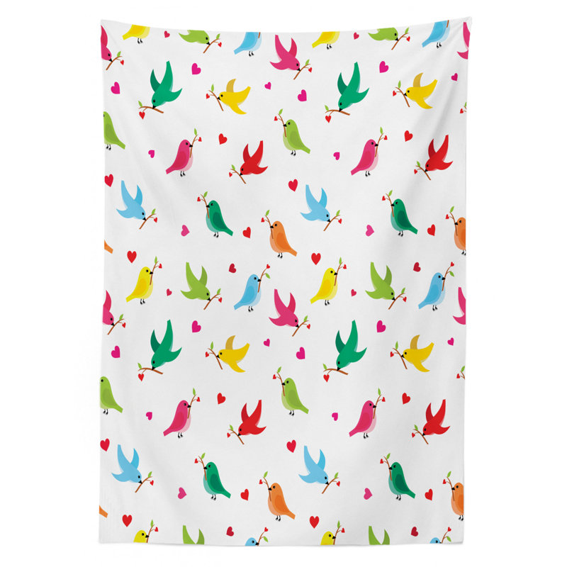 Birds Tablecloth, Pattern With Flying Birds Carrying Heart Branches Love Valentines Day Inspired Print, Rectangular Table Cover For Dining Room Kitchen Decor, 60" X 90", Multicolor