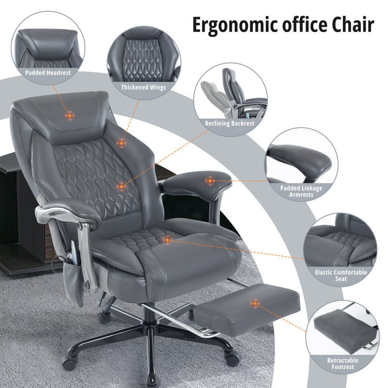 Heavy Duty Ergonomic Leather Executive Office Chair，Modern Massage Office Chair With Heating Function,Grey, Gray