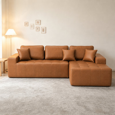Faux Leather L-Shaped Compression Sectional Sofa, 4 Seat Reversible Corner Chaise Couch, No Assembly Expandable Modular Sofa with High Density Resilient Polyurethane Foam, Light Brown for Living Room Apartment Guest Room