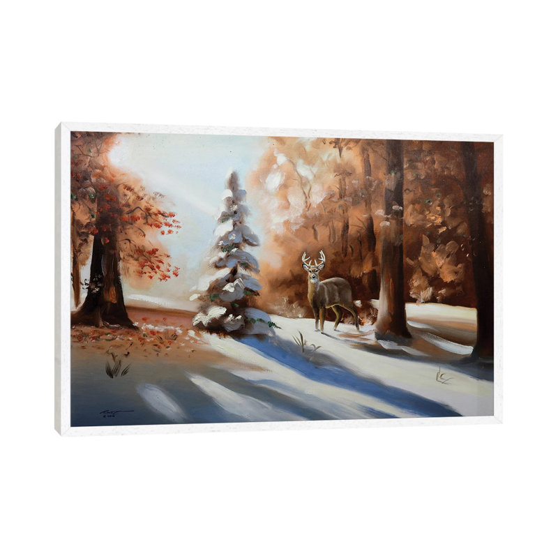 Deer At Dawn In Snowy Woods 1 Piece Wall Art on Canvas, 66.04 cm H x 45.72 cm W, White Floater Framed